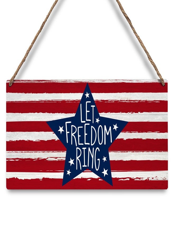 JXREQ 4th of July Decorations Door Sign, Patriotic Wall Decor, Let Freedom Ring Independence Day Decor, Rustic Hanging Wooden Plaque with Rope for Front Door Porch Decor, 12x6 Inch - Image 1